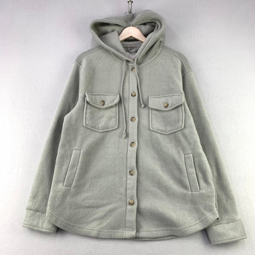 Thread & Supply Fleece Shacket Women M Grey Hooded Button Up